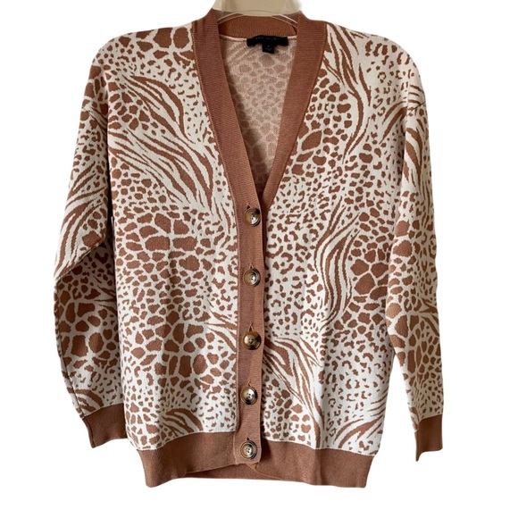 Ann Taylor Animal Print Cardigan, Lt Terracotta/White, Sz. SP - Picture 2 of 8